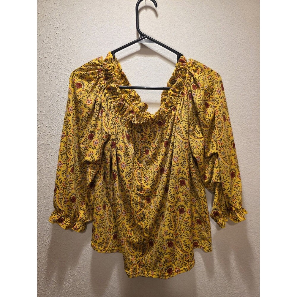 Melloday Floral Paisley Yellow Off Shoulder Top Women's Large Shirt Boho Cottage